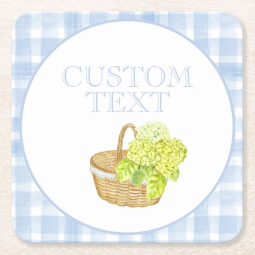 Custom Text Blue Gingham Hydrangea Basket Coaster