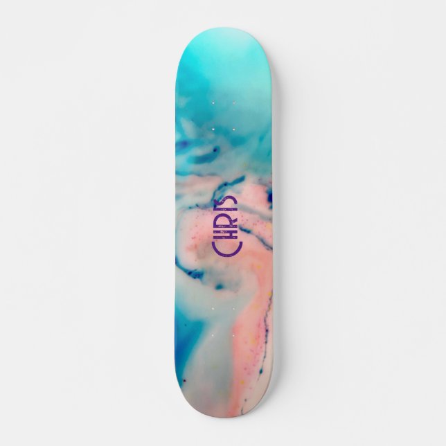 Custom text blue pink Marble Ink Swirl Skateboard (Front)