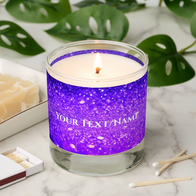 Custom Text - Bokeh Glitter - Deep Purple Scented Candle (Lit)