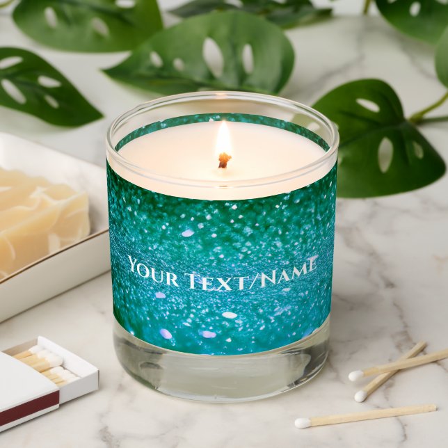 Custom Text - Bokeh Glitter - Teal Scented Candle (Lit)