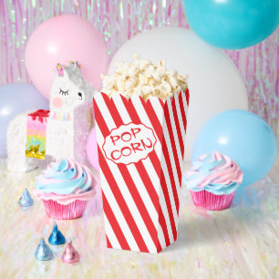Custom Text Bright Red and White Striped Popcorn Favor Boxes