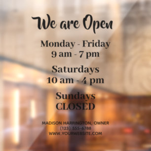 Custom Text Business Hours Window Cling