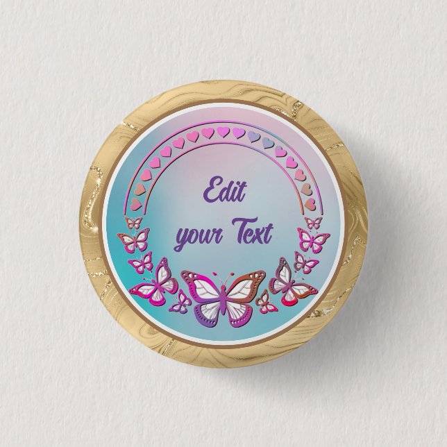 Custom Text, butterflies, and Heart love monogram Button (Front)