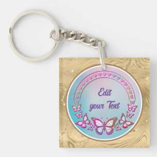 Custom Text, butterflies, and Heart love monogram Keychain