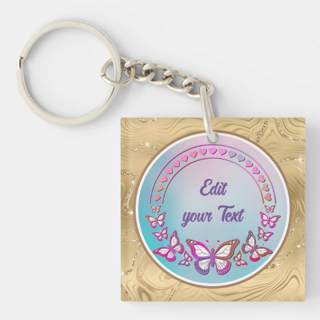 Custom Text, butterflies, and Heart love monogram Keychain (Front)