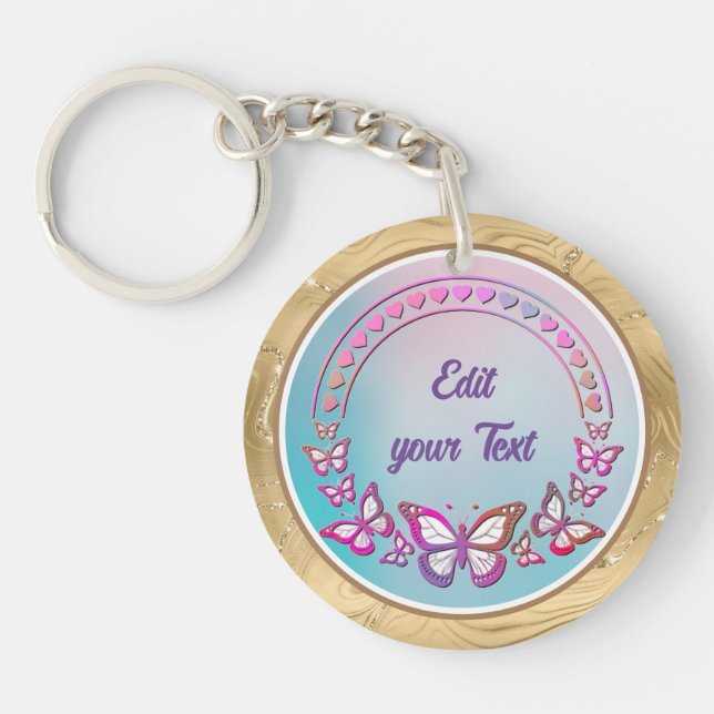 Custom Text, butterflies, and Heart love monogram Keychain (Front)