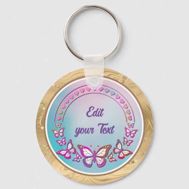 Custom Text, butterflies, and Heart love monogram Keychain (Front)