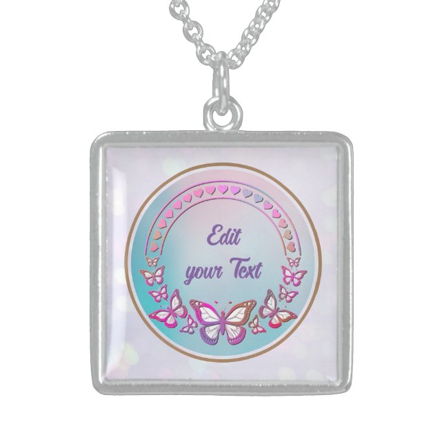 Custom Text, butterflies, and Heart love monogram Sterling Silver Necklace (Front)