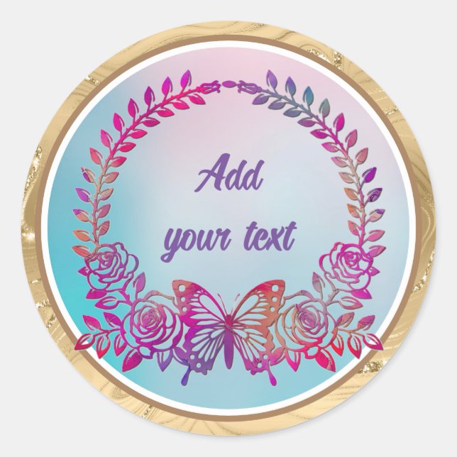 Custom Text, butterfly and Flower Classic Round Sticker (Front)