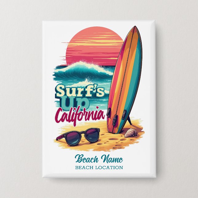 Custom Text California Surfing Button (Front)