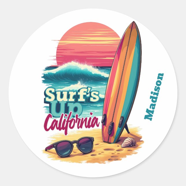 Custom Text California Surfing Classic Round Sticker (Front)