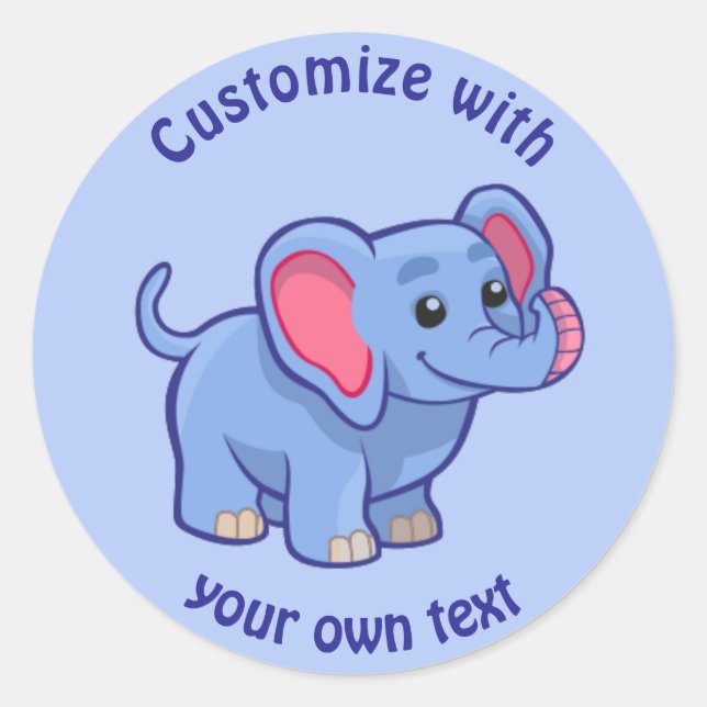 Custom Text Cartoon Elephant Blue Classic Round Sticker (Front)
