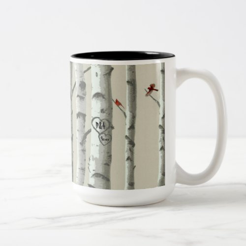 Custom Text Carved Hearts On Birch Trees Valentine Two_Tone Coffee Mug