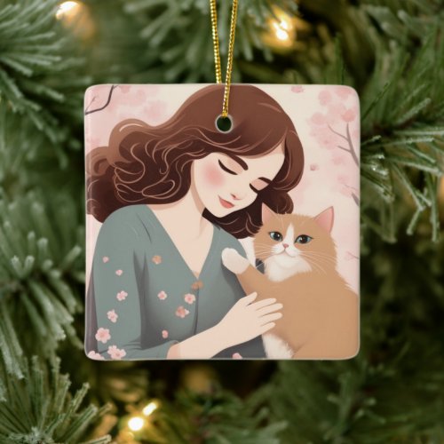 Custom text Cat Lady and Her Kitty Sakura Forest Ceramic Ornament