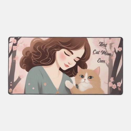 Custom text Cat Lady and Her Kitty Sakura Forest Desk Mat