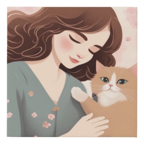 Custom text Cat Lady and Her Kitty Sakura Forest Faux Canvas Print