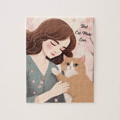 Custom text Cat Lady and Her Kitty Sakura Forest Jigsaw Puzzle