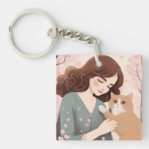 Custom text Cat Lady and Her Kitty Sakura Forest Keychain