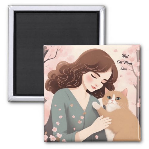 Custom text Cat Lady and Her Kitty Sakura Forest Magnet