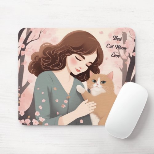 Custom text Cat Lady and Her Kitty Sakura Forest Mouse Pad