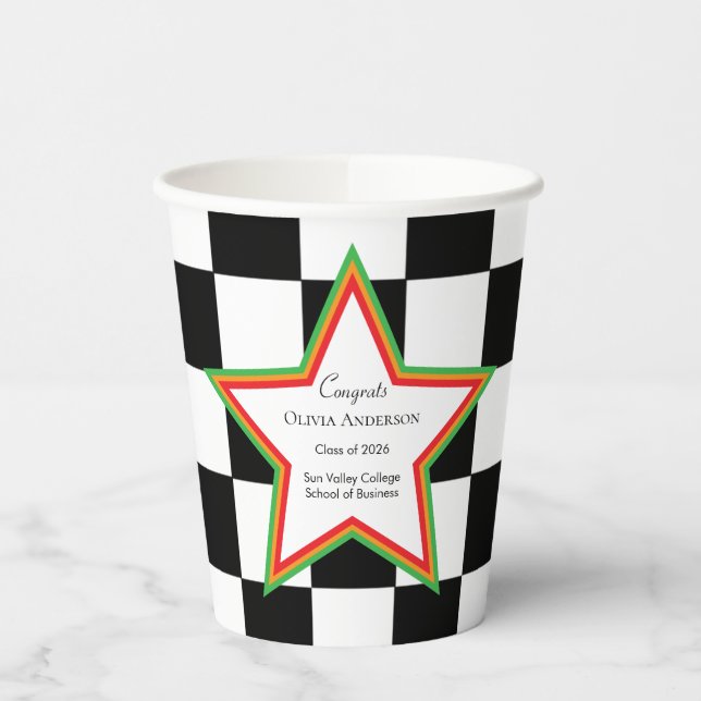 Custom Text, Checkered Graduation Party Paper Cups (Left)