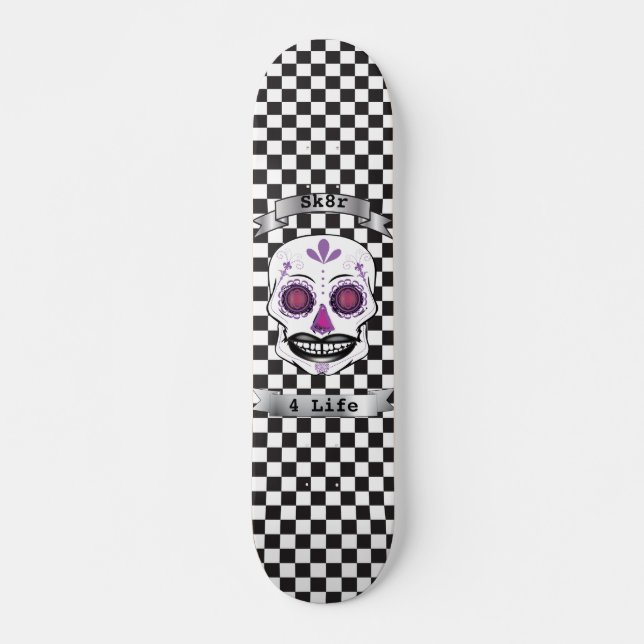 Custom Text Checkered Purple Candy Skull Deck (Front)