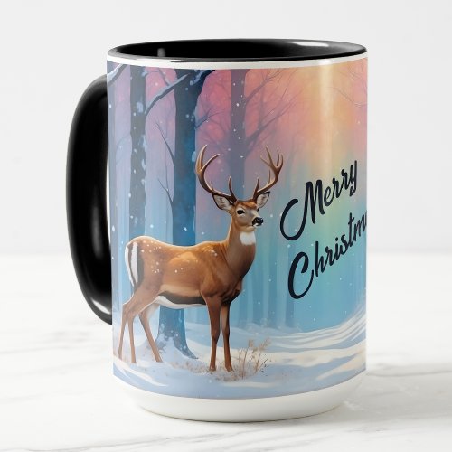 Custom Text Christmas  Mug Deer In A Snowy Forest 
