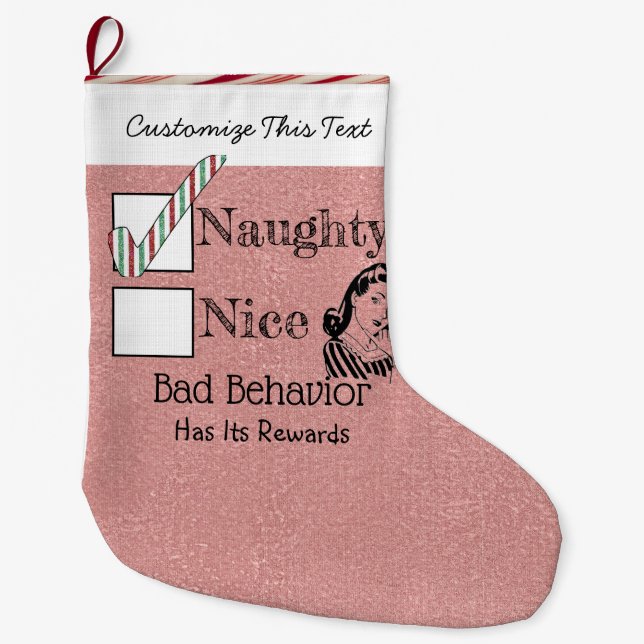 Custom Text/ Christmas Naughty Rose Gold Retro Large Christmas Stocking (Front)