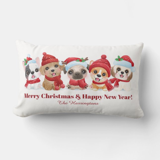 Custom text Christmas Puppies throw pillows (Front)