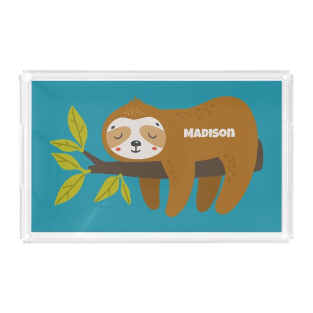 Custom Text & Color Cute Sloth Acrylic Tray (Front)