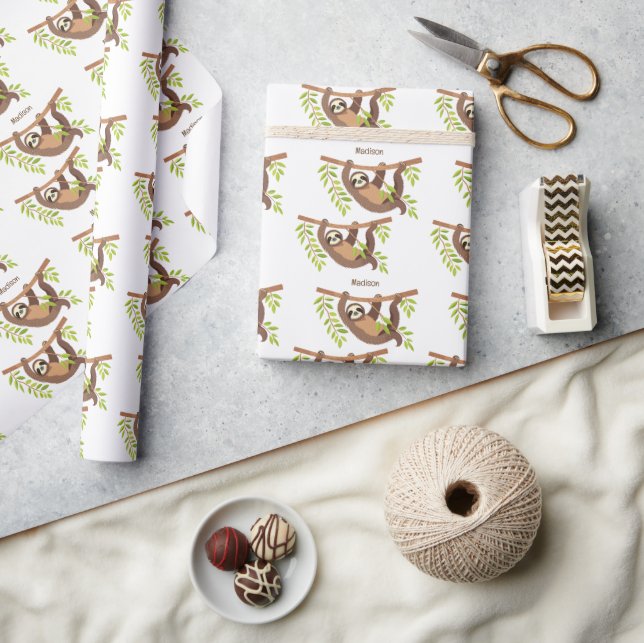 Custom Text & Color Cute Sloth Wrapping Paper (Crafts)