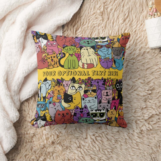 Custom Text & Color Funny Cats Illustration Throw Pillow (Blanket)