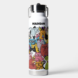 Custom Text & Color Funny Cats Illustration Water Bottle