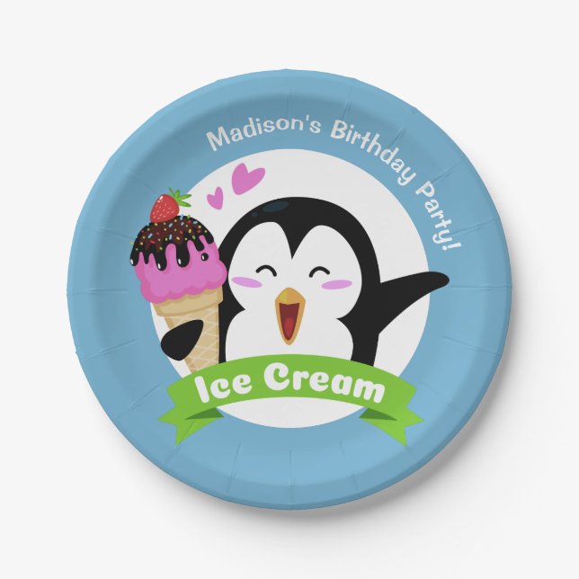 Custom text & color Ice Cream Penguin paper plates (Front)