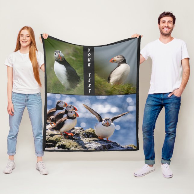 Custom text & color Puffins fleece blankets (In Situ)
