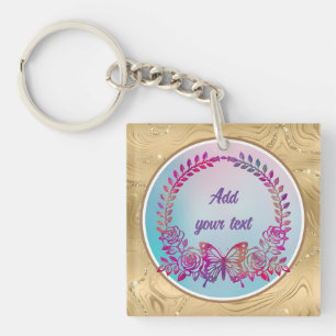 Custom Text, Colorful Butterfly and Flower Keychain