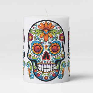 Custom text 💀 colorful doodle Día de Muertos Pillar Candle