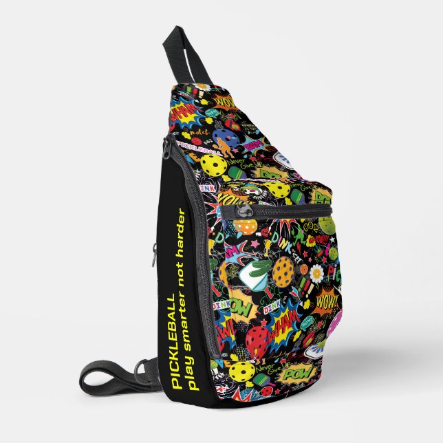 Custom text Cool Zing pickleball doodle black Sling Bag (Left Corner)