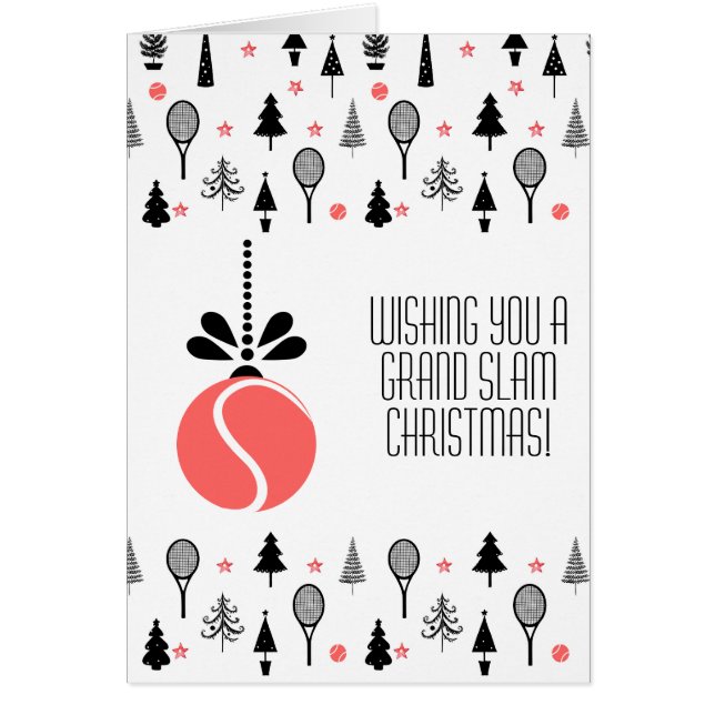 🎾🎄Custom text, coral and black Tennis bauble Cards (Front)