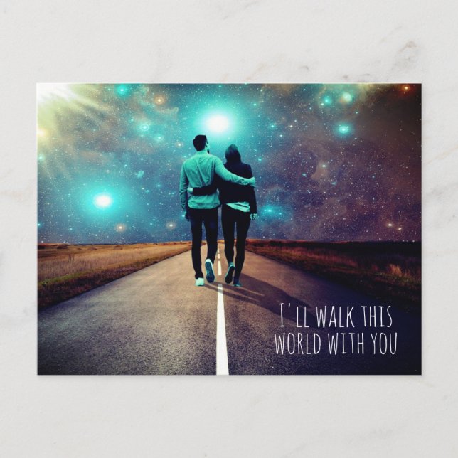 Custom Text Couple Walking to Universe Galaxy Road Postcard (Front)