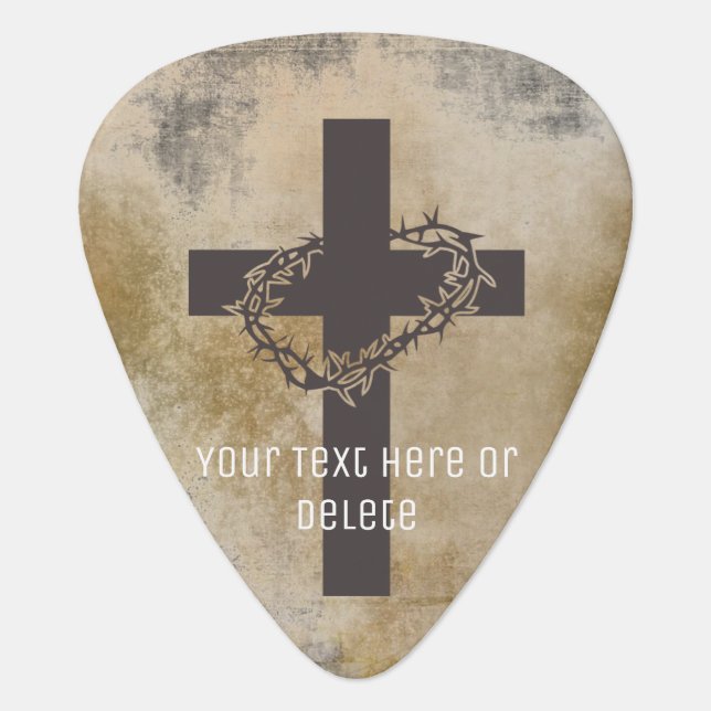 Custom Text Cross Jesus Crown of Thorns Distressed Guitar Pick (Front)