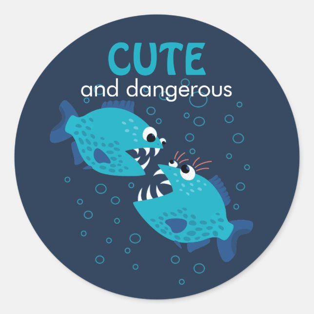 Custom Text Cute And Dangerous Piranha Fish Classic Round Sticker (Front)