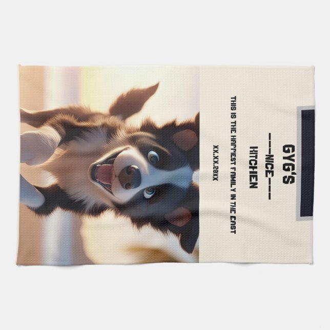 Custom text, cute black and white dog kitchen towel (Horizontal)