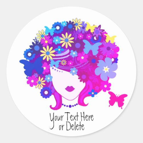 Custom Text Cute Butterfly Woman Flower Crown Girl Classic Round Sticker