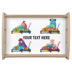 Custom Text Cute Cartoon Monsters Racing Cars Wood Serving Tray