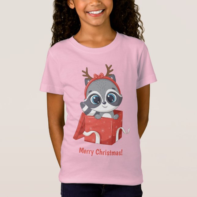 Custom Text Cute Christmas Raccoon T-Shirt (Front)