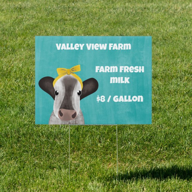 Custom Text Cute Cow with Bow Dairy Farm Sign (Insitu)