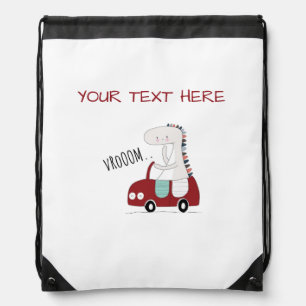 Custom Text Cute Dinosaur Driving Car Kids Drawstring Bag