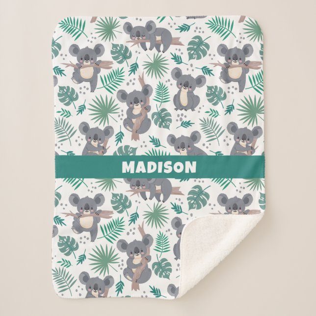 Custom Text Cute Koalas Pattern Sherpa Blanket (Front)