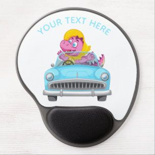 Custom Text Cute Pink Dinosaur Driving Blue Car Gel Mouse Pad